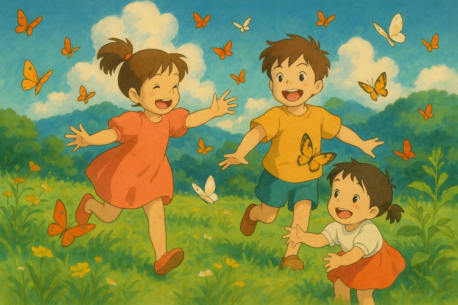 Happy healthy children playing outdoors